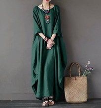 Artistic loose plus size cotton and linen long skirt dress