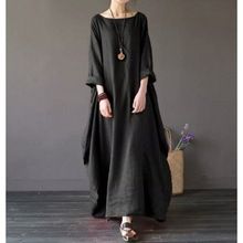 Artistic loose plus size cotton and linen long skirt dress