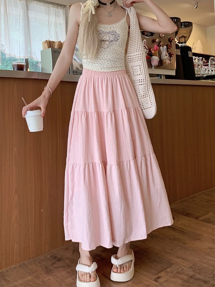 White cake skirt, French midi skirt, slimming effect, segmented style, soft and flowing umbrella skirt, sweet A-line skirt for girls, medium length