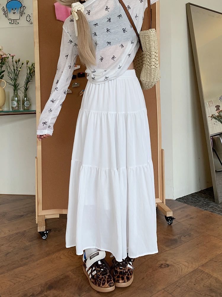 White cake skirt, French midi skirt, slimming effect, segmented style, soft and flowing umbrella skirt, sweet A-line skirt for girls, medium length