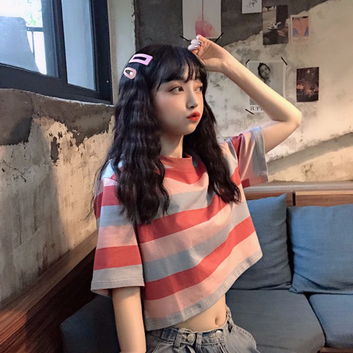 Cross border foreign trade summer new Korean version loose rainbow striped short sleeved T-shirt for female students, short cut crop top trendy
