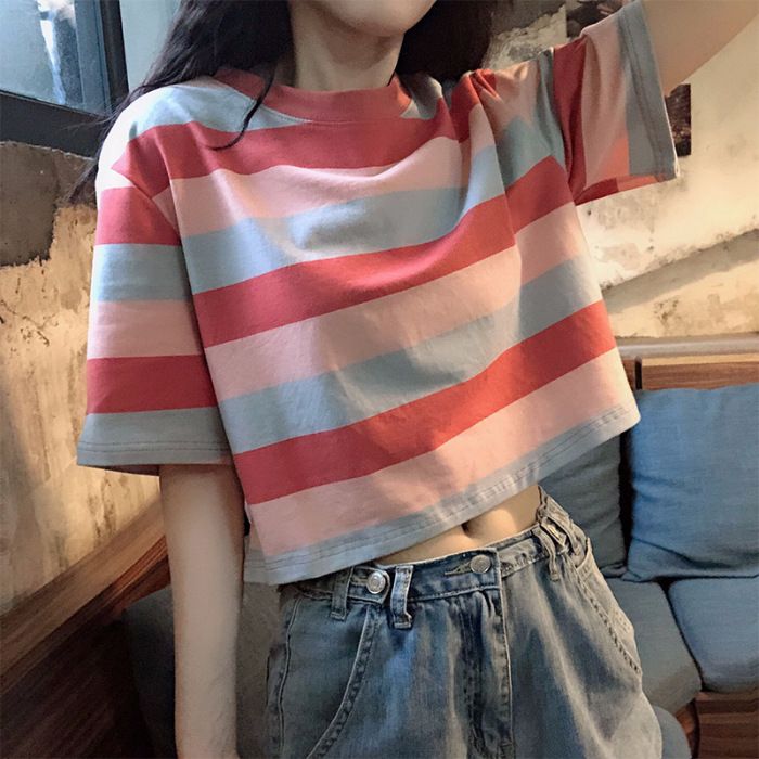 Cross border foreign trade summer new Korean version loose rainbow striped short sleeved T-shirt for female students, short cut crop top trendy