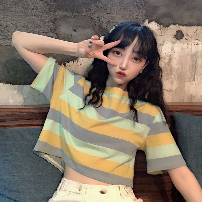 Cross border foreign trade summer new Korean version loose rainbow striped short sleeved T-shirt for female students, short cut crop top trendy