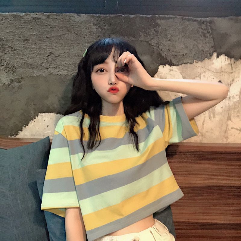 Cross border foreign trade summer new Korean version loose rainbow striped short sleeved T-shirt for female students, short cut crop top trendy
