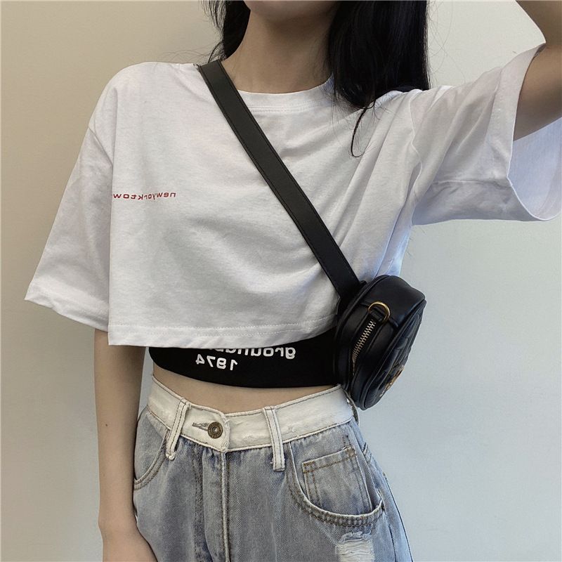 Two piece set with exposed navel short top for summer, new Korean style loose high waisted clothes, T-shirt wholesale for women
