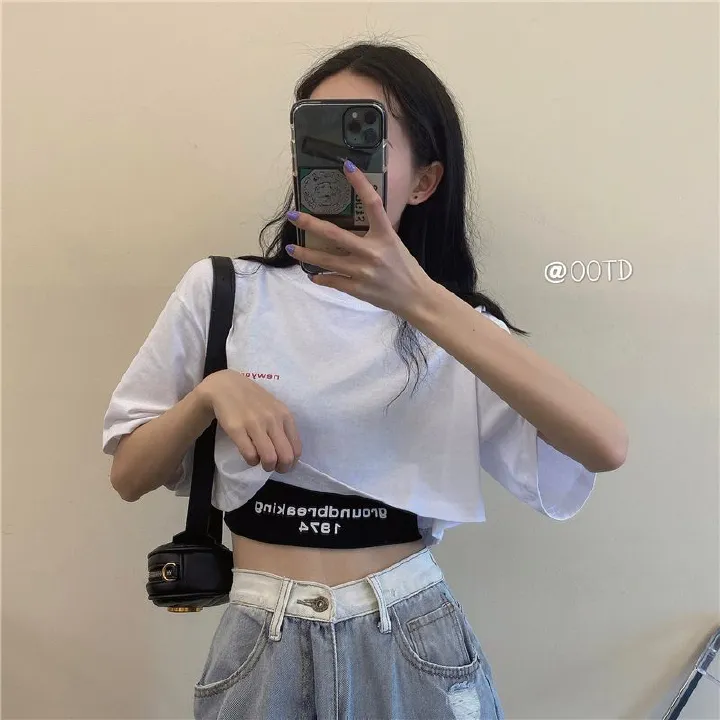 Two piece set with exposed navel short top for summer, new Korean style loose high waisted clothes, T-shirt wholesale for women