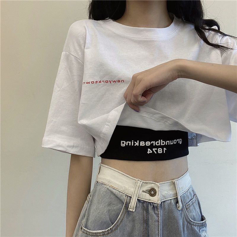 Two piece set with exposed navel short top for summer, new Korean style loose high waisted clothes, T-shirt wholesale for women