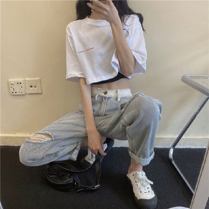 Two piece set with exposed navel short top for summer, new Korean style loose high waisted clothes, T-shirt wholesale for women