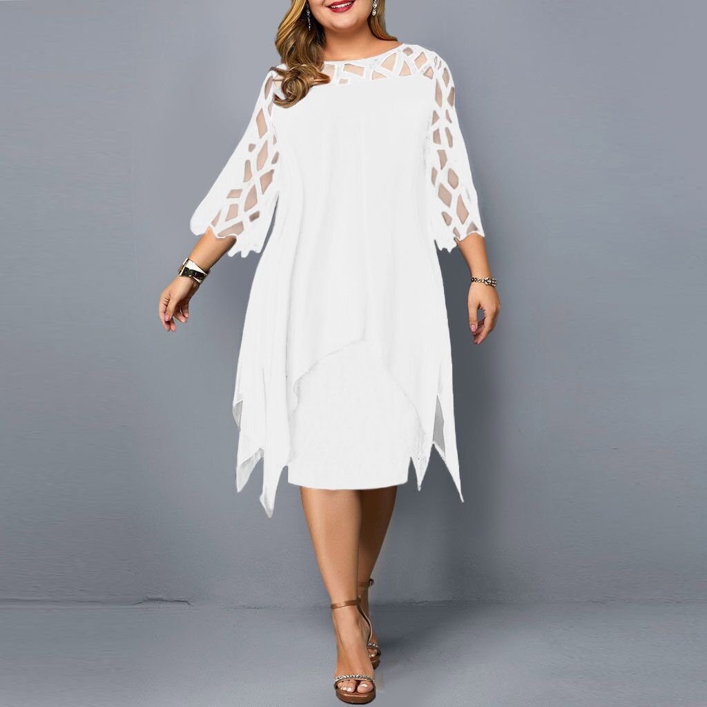 European and American lace patchwork seven quarter sleeve irregular hem chiffon dress