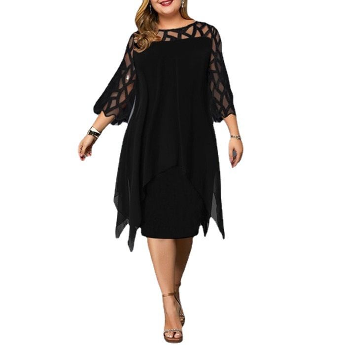 European and American lace patchwork seven quarter sleeve irregular hem chiffon dress