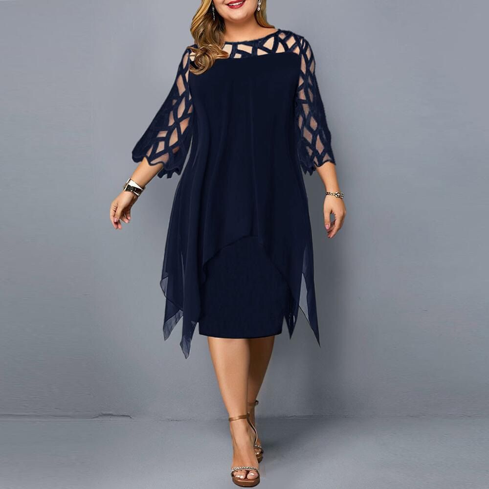 European and American lace patchwork seven quarter sleeve irregular hem chiffon dress