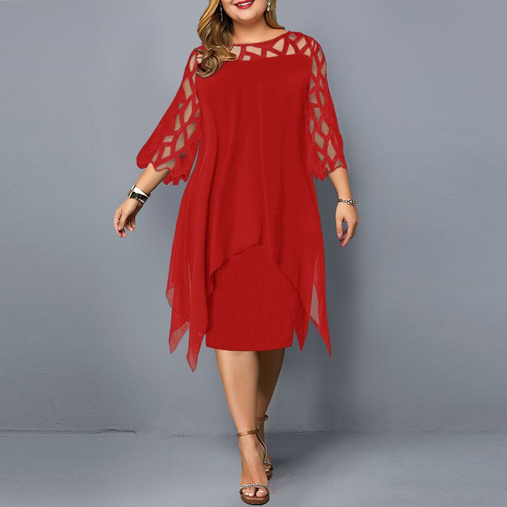 European and American lace patchwork seven quarter sleeve irregular hem chiffon dress