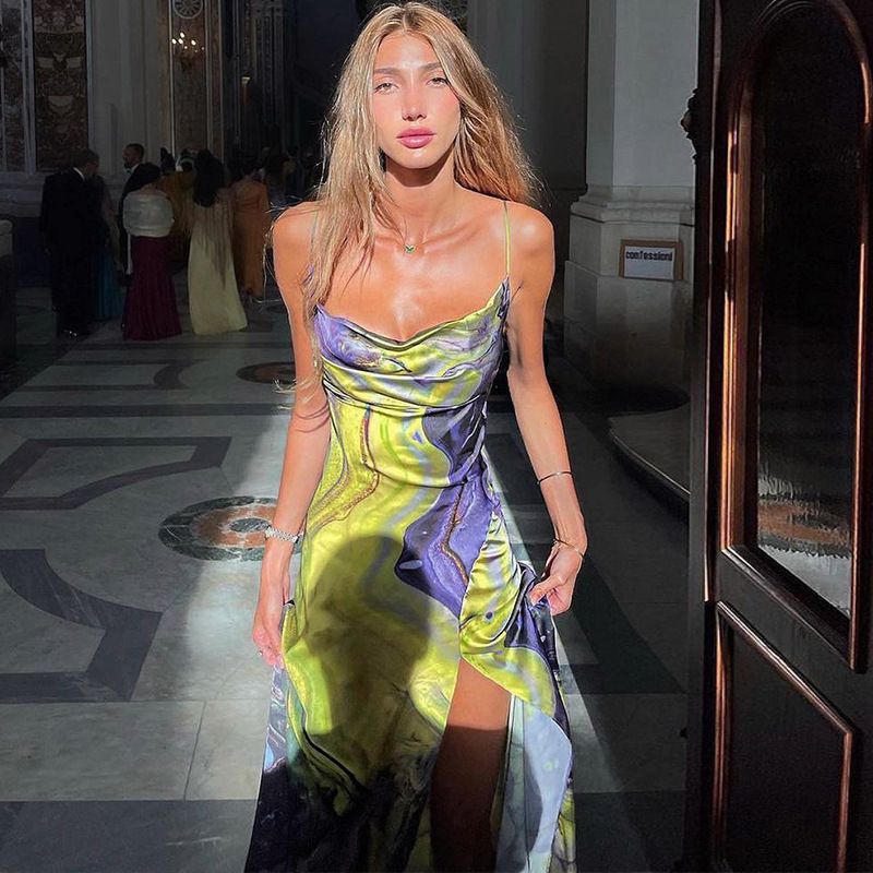 Summer new fashionable printed slim fit slit backless strapless camisole dress