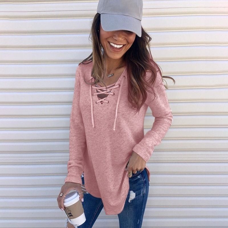 Autumn and winter new item, popular on Amazon in Europe and America, solid color V-neck strap loose top T-shirt