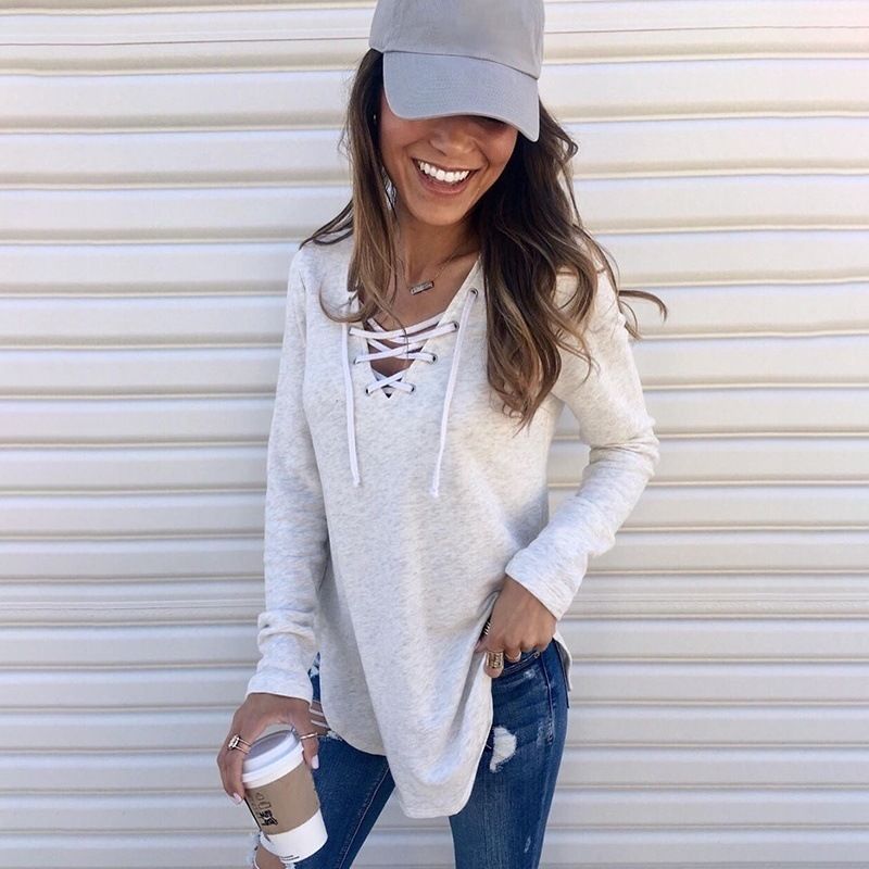 Autumn and winter new item, popular on Amazon in Europe and America, solid color V-neck strap loose top T-shirt