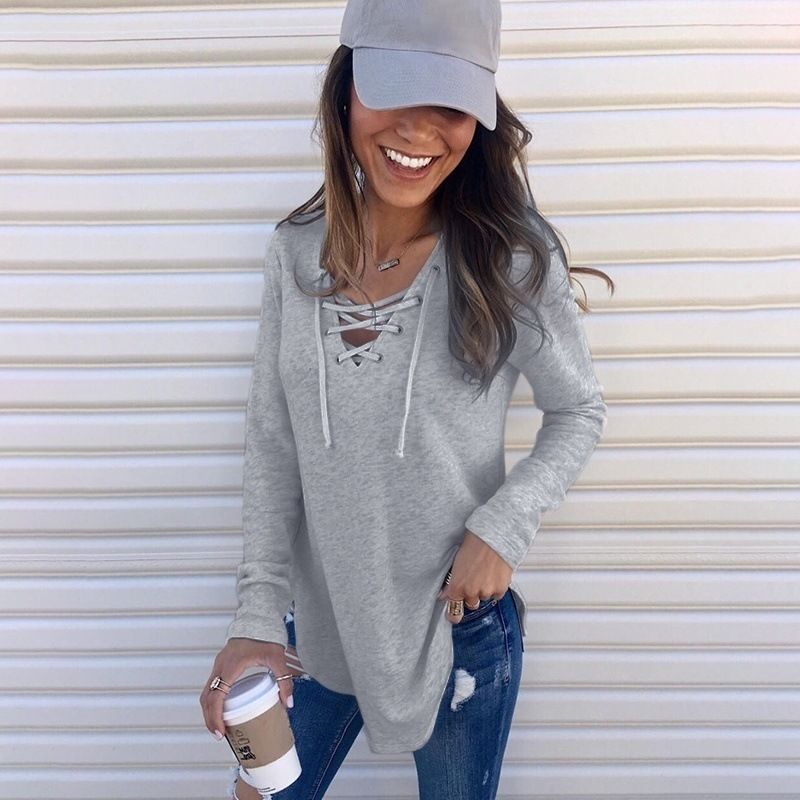 Autumn and winter new item, popular on Amazon in Europe and America, solid color V-neck strap loose top T-shirt