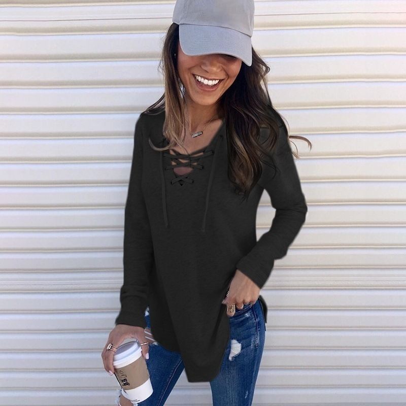 Autumn and winter new item, popular on Amazon in Europe and America, solid color V-neck strap loose top T-shirt