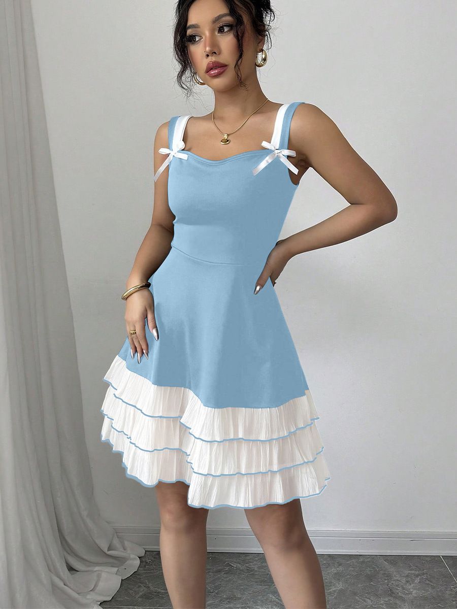 Summer new European and American camisole dress with contrasting colors, multi-layer cake dress