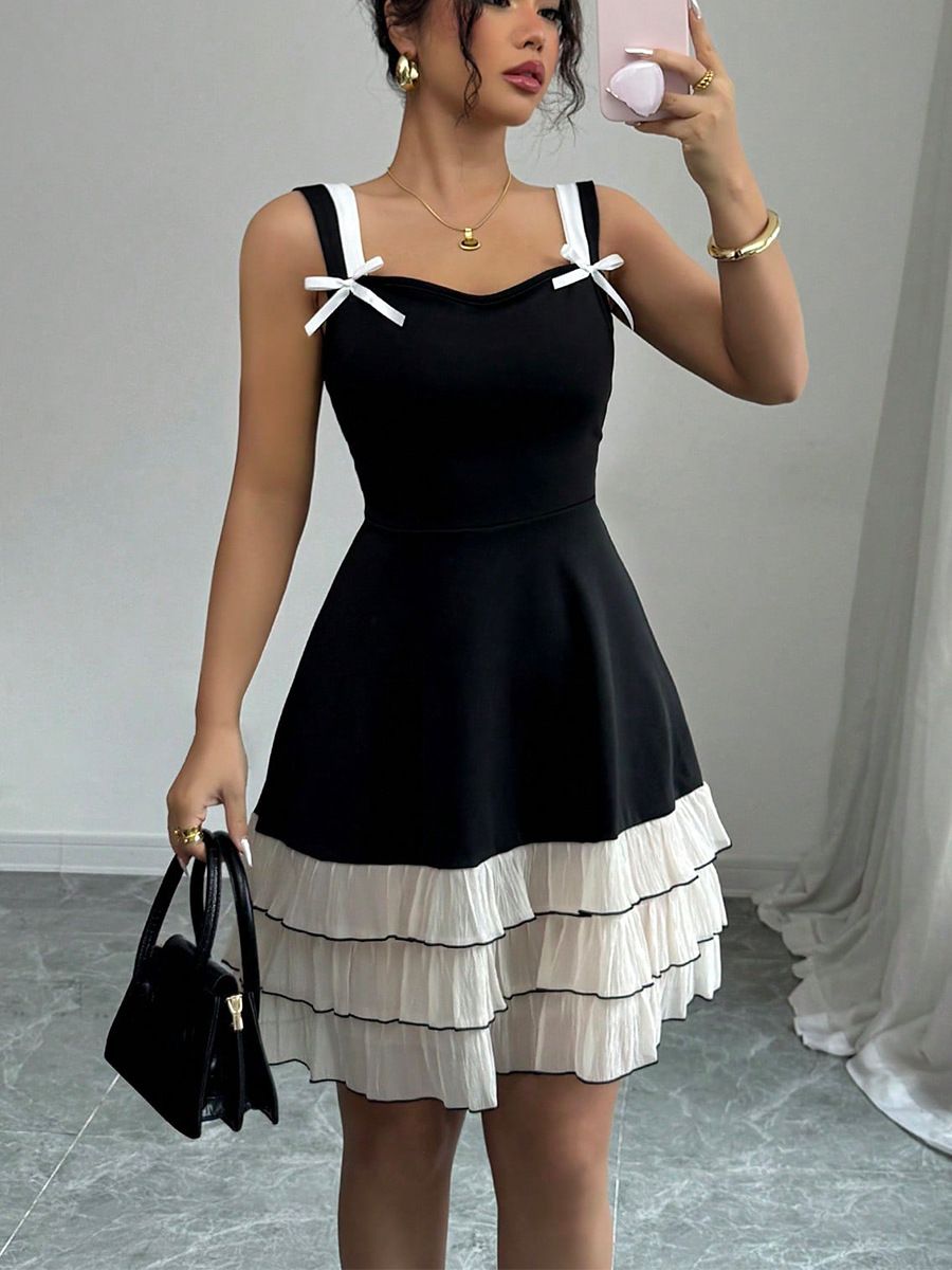 Summer new European and American camisole dress with contrasting colors, multi-layer cake dress