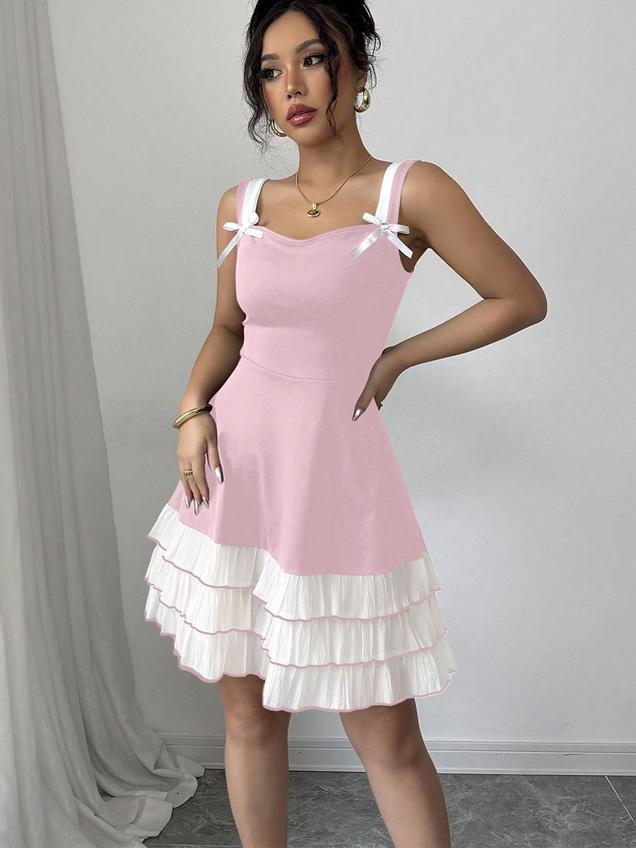 Summer new European and American camisole dress with contrasting colors, multi-layer cake dress