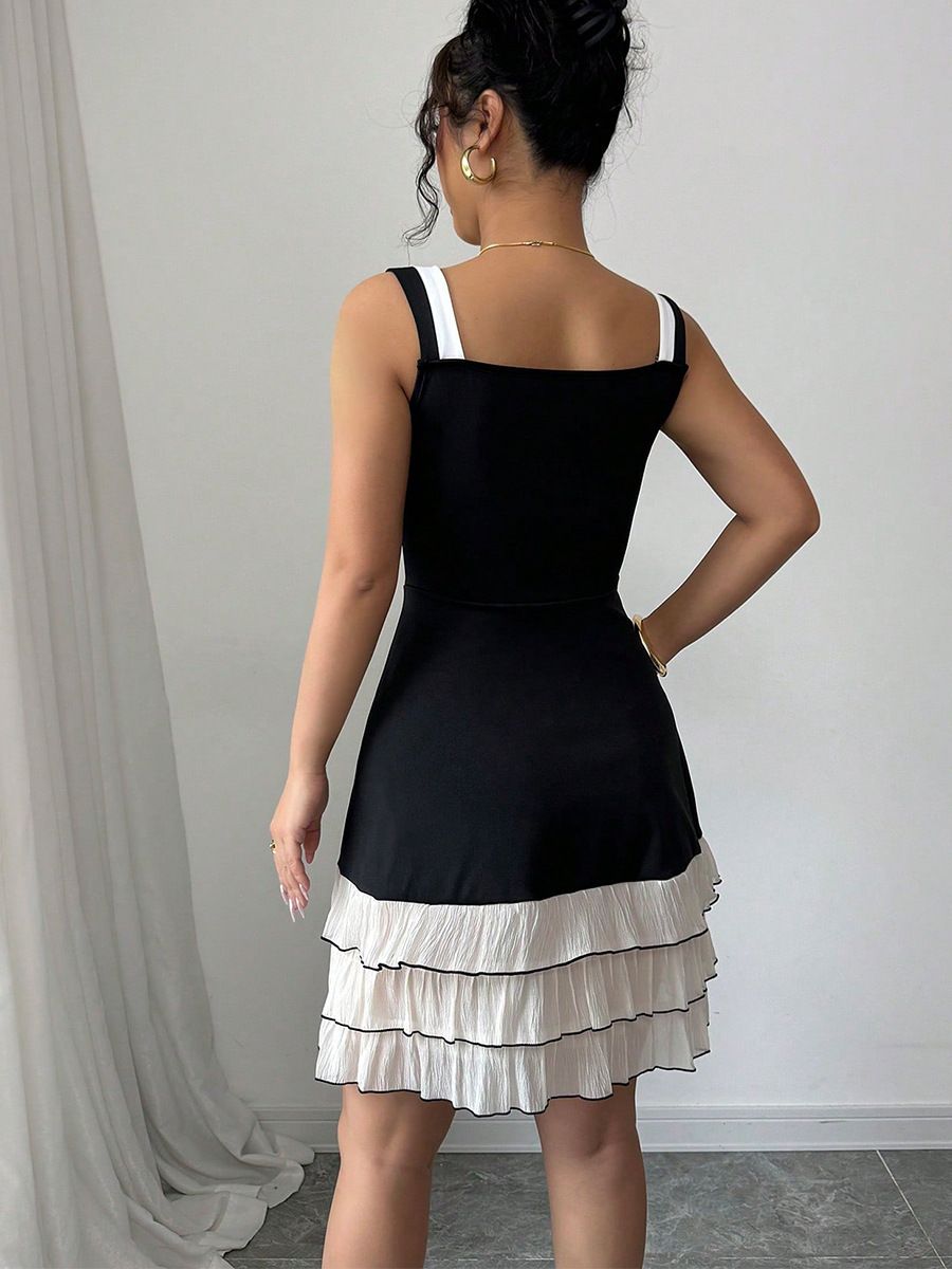 Summer new European and American camisole dress with contrasting colors, multi-layer cake dress