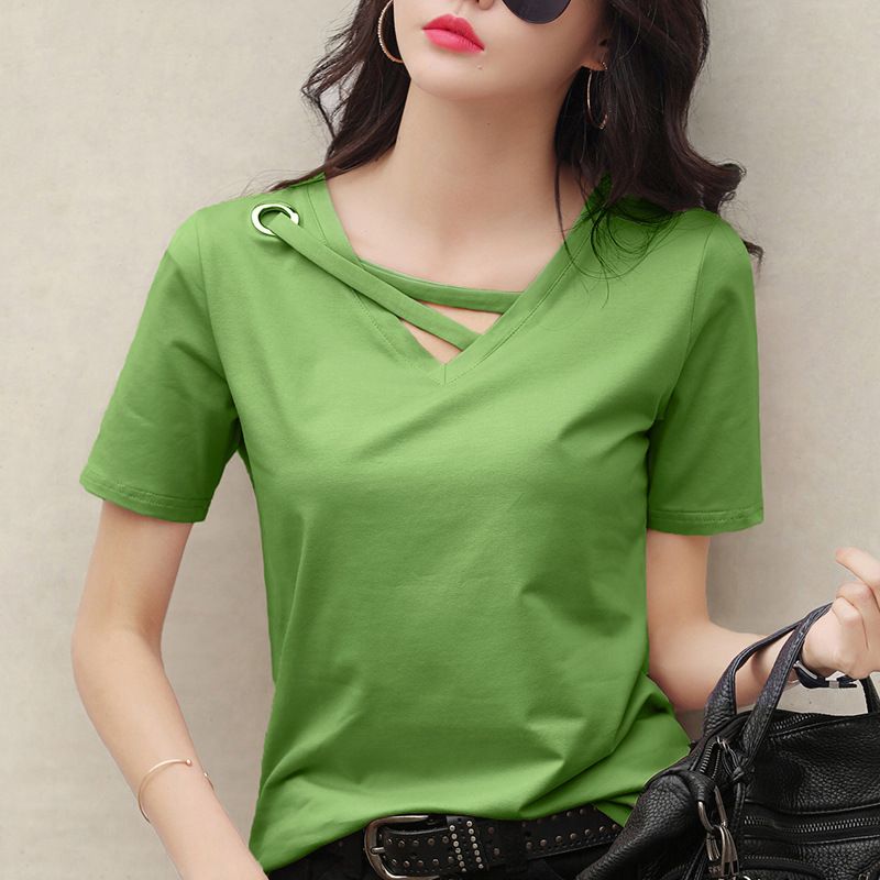 New Summer White T-shirt Women's V-neck Loose Korean Black Top Casual Ins T-shirt Trendy