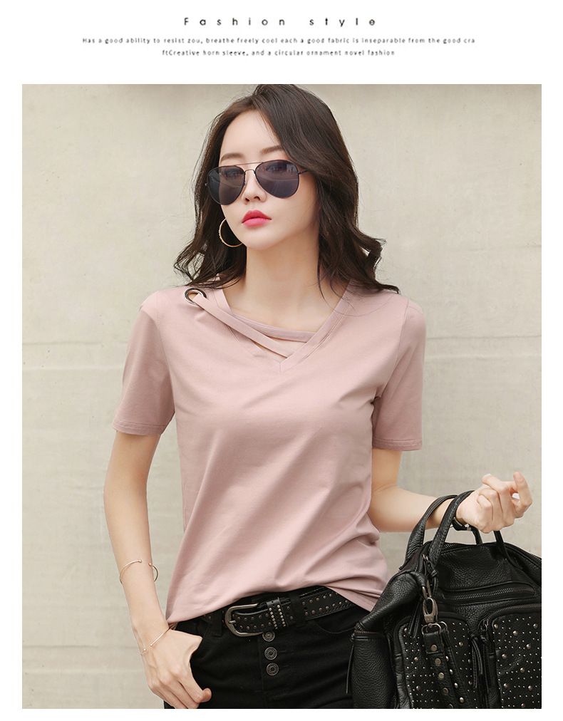 New Summer White T-shirt Women's V-neck Loose Korean Black Top Casual Ins T-shirt Trendy