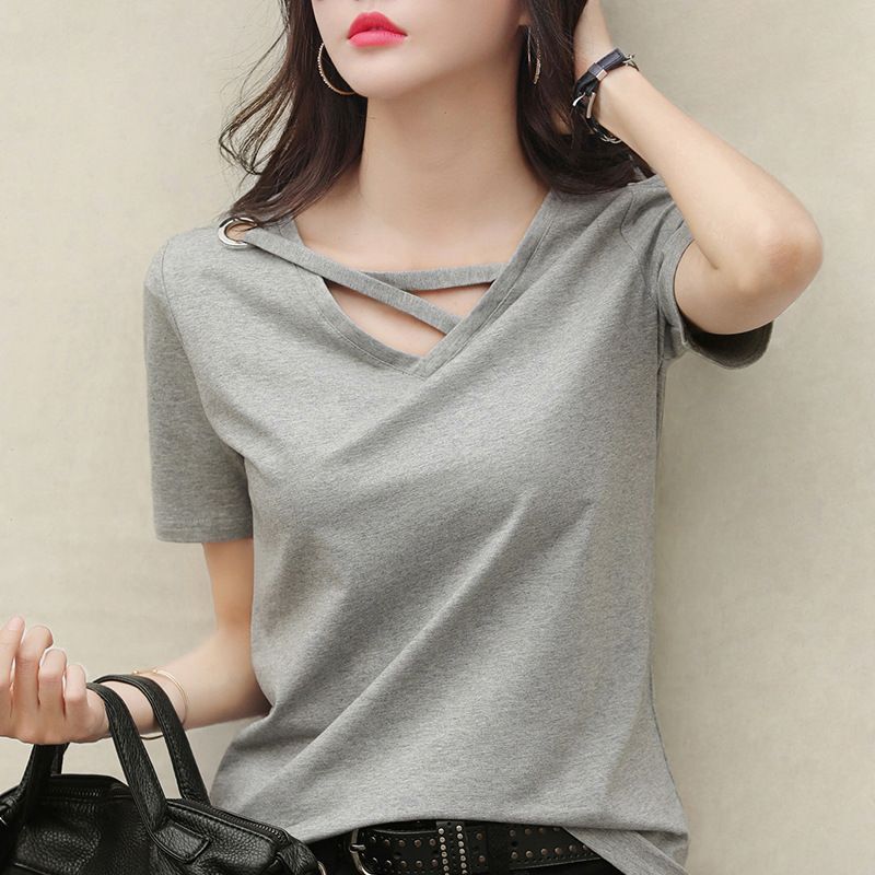 New Summer White T-shirt Women's V-neck Loose Korean Black Top Casual Ins T-shirt Trendy