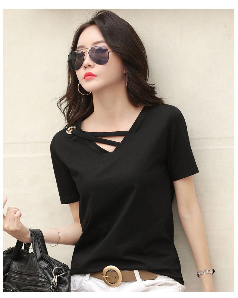 New Summer White T-shirt Women's V-neck Loose Korean Black Top Casual Ins T-shirt Trendy