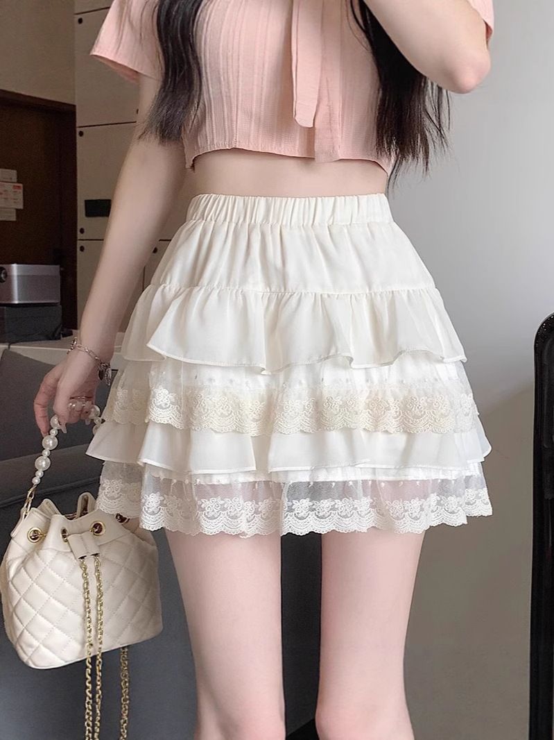 Design sense: Lace lace fluffy cake skirt, women's elastic waist covering crotch, A-line short skirt