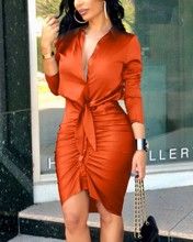V-neck lace up solid color long sleeved mid length shirt dress