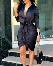 V-neck lace up solid color long sleeved mid length shirt dress