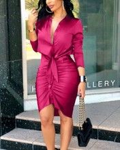 V-neck lace up solid color long sleeved mid length shirt dress