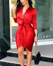 V-neck lace up solid color long sleeved mid length shirt dress