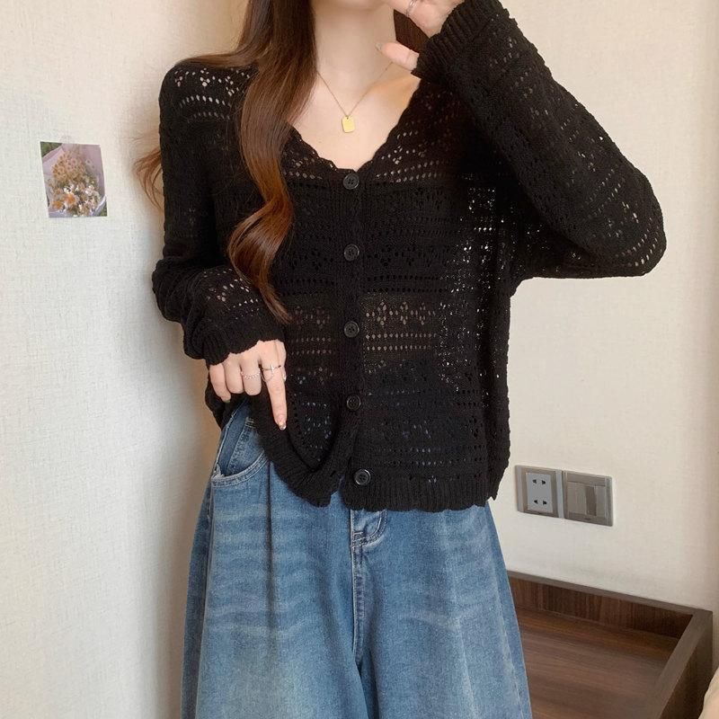 Ice silk sunscreen knitted cardigan for women in summer plus size, V-neck, solid color, thin cut, hollowed out shawl, paired with a short jacket