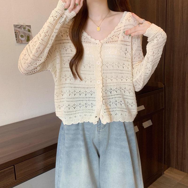 Ice silk sunscreen knitted cardigan for women in summer plus size, V-neck, solid color, thin cut, hollowed out shawl, paired with a short jacket