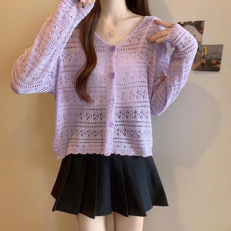Ice silk sunscreen knitted cardigan for women in summer plus size, V-neck, solid color, thin cut, hollowed out shawl, paired with a short jacket
