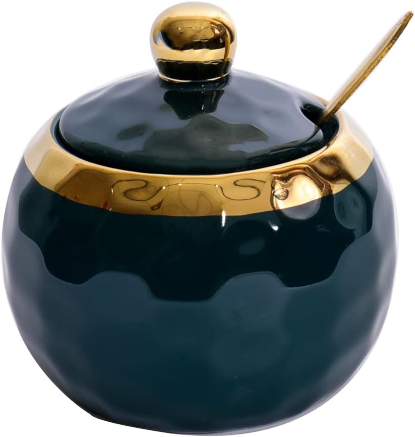 Ceramic Marble Sugar Bowl with Lid and Spoon, Imported Condiment Sugar Dish