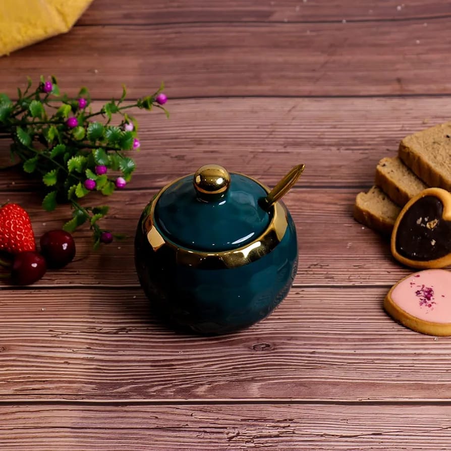 Ceramic Marble Sugar Bowl with Lid and Spoon, Imported Condiment Sugar Dish
