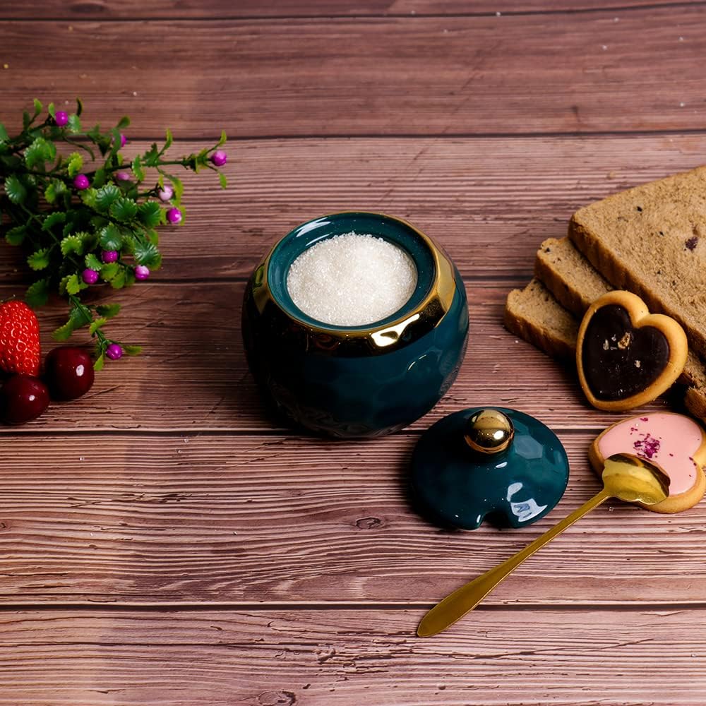 Ceramic Marble Sugar Bowl with Lid and Spoon, Imported Condiment Sugar Dish