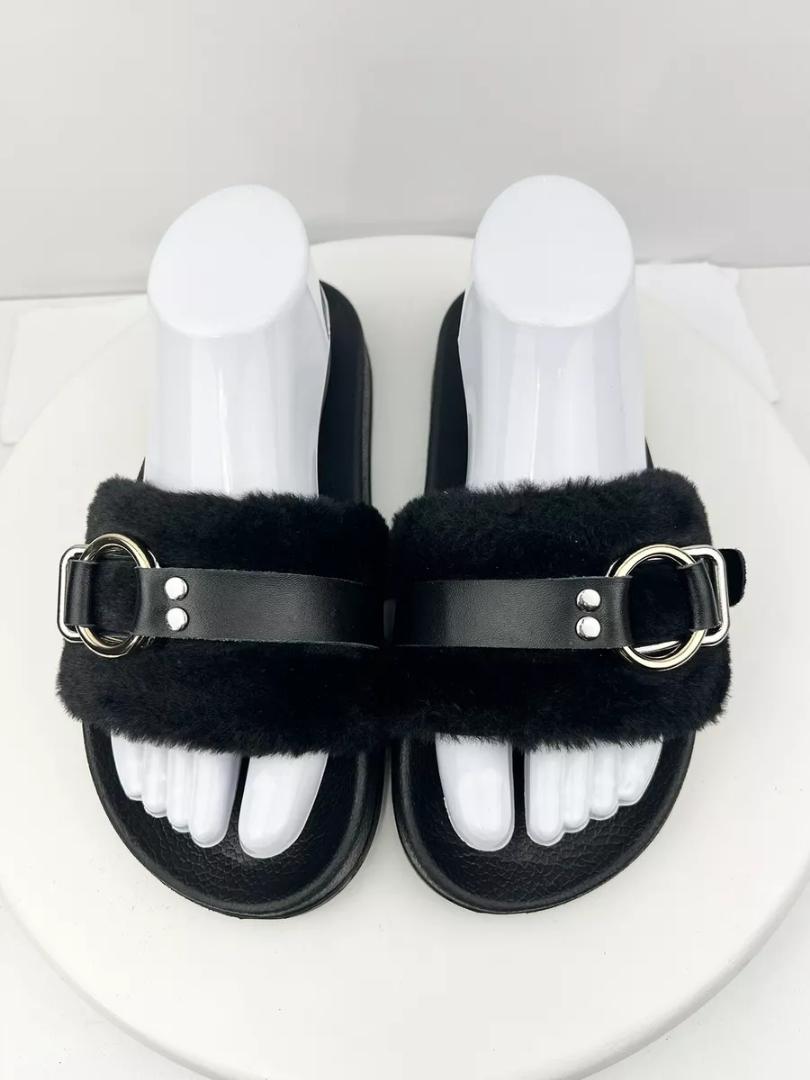 Fur Slippers Women Outdoor Fashion Metal Platform Slipper
