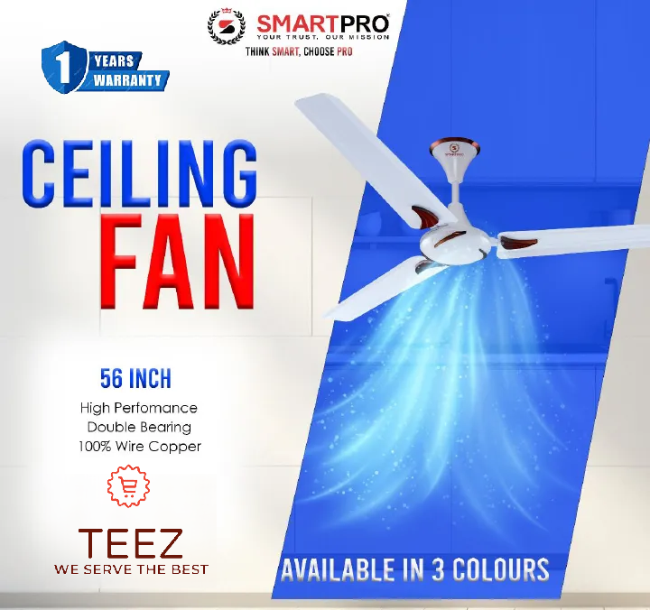 NEW ARRIVAL SmartPro Ceiling Fan 56 Inches with 3 Blades, 1 Year Warranty.