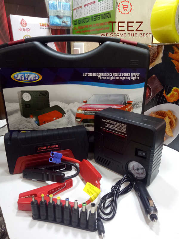 NEW ARRIVAL High-Power Multifunctional Portable Jump Starter Kits has tyre inflator , jumper clips, powerful power source, car charger, electric charger.