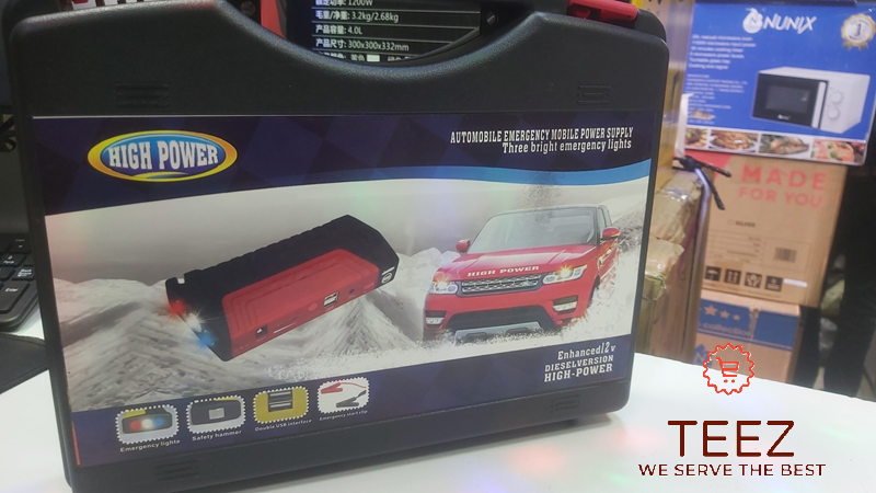 NEW ARRIVAL High-Power Multifunctional Portable Jump Starter Kits has tyre inflator , jumper clips, powerful power source, car charger, electric charger.