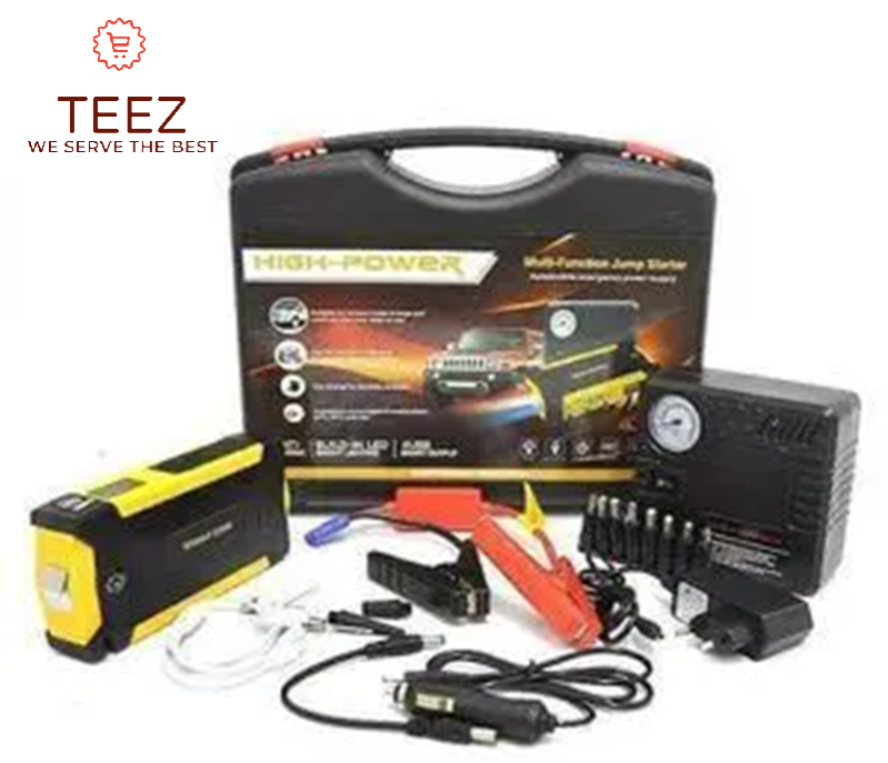 NEW ARRIVAL High-Power Multifunctional Portable Jump Starter Kits has tyre inflator , jumper clips, powerful power source, car charger, electric charger.