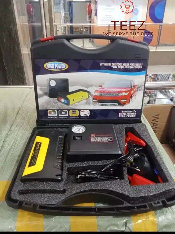 NEW ARRIVAL High-Power Multifunctional Portable Jump Starter Kits has tyre inflator , jumper clips, powerful power source, car charger, electric charger.