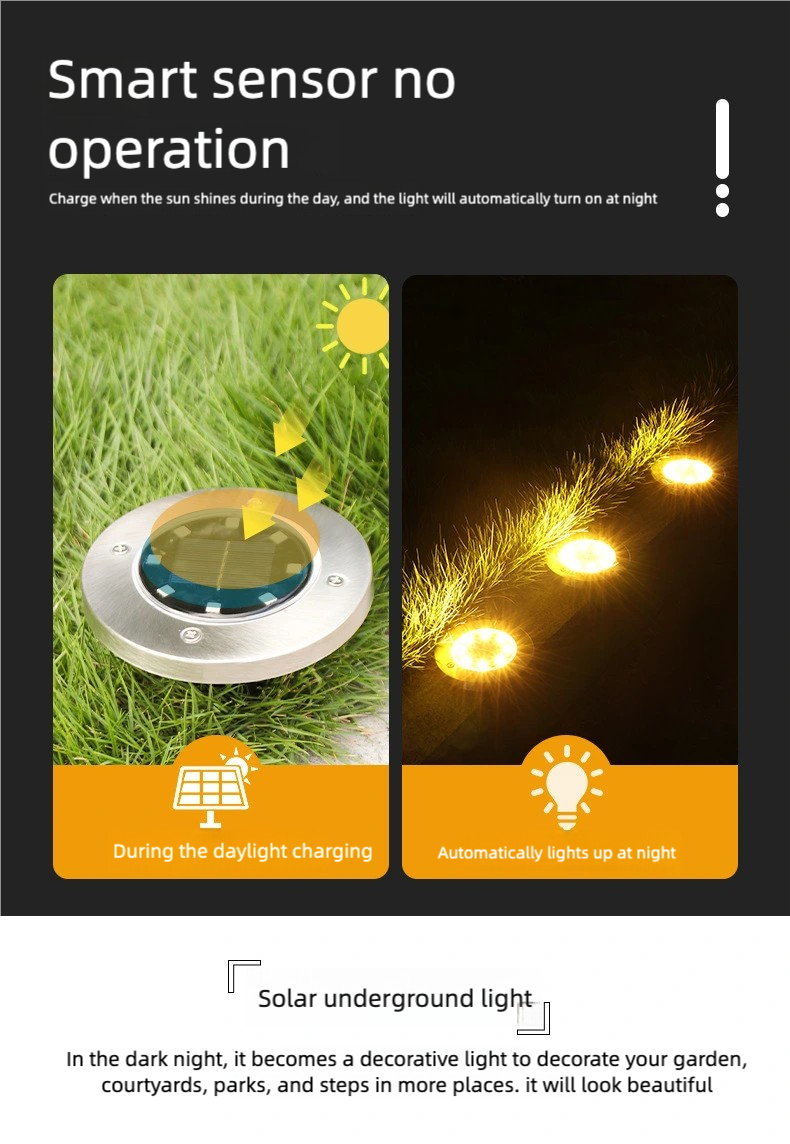 4Pcs/set Outdoor solar powered 8LED stainless steel buried light, courtyard lawn light, road garden ground plug-in light