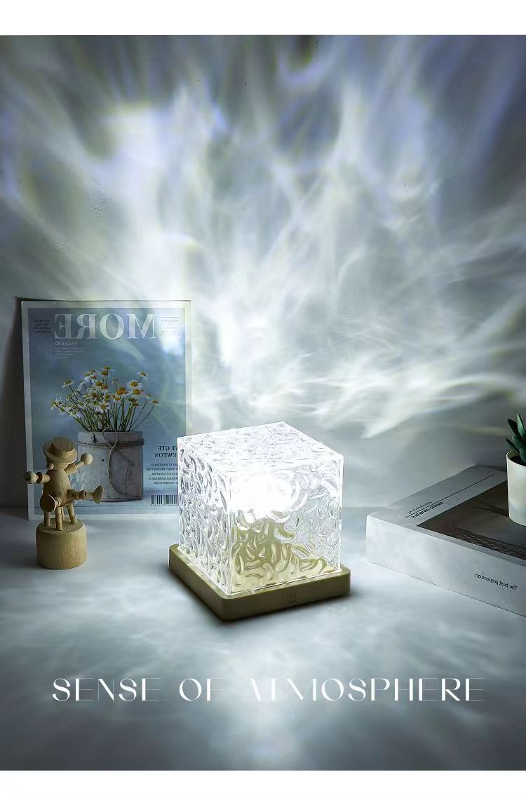 Square Water Ripple Atmosphere Lamp, Bedside Night Light, Flame Aurora Dynamic Light Creative Girl Gift Bedhead Bedroom Flame Aurora Dynamic Desk Lamp