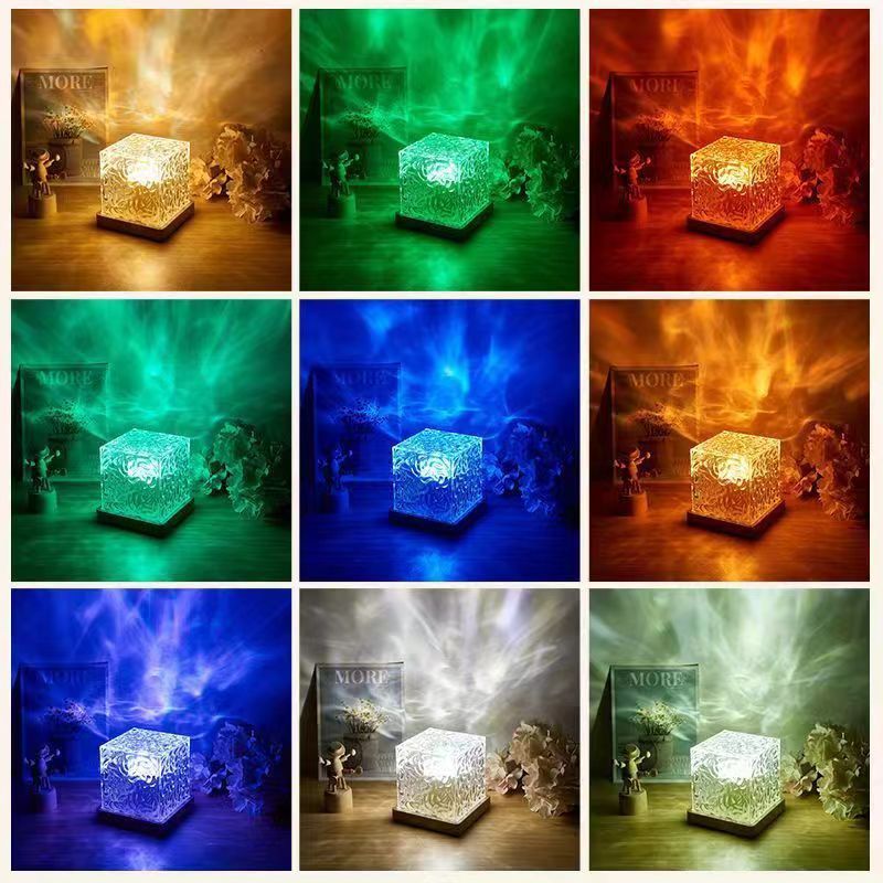Square Water Ripple Atmosphere Lamp, Bedside Night Light, Flame Aurora Dynamic Light Creative Girl Gift Bedhead Bedroom Flame Aurora Dynamic Desk Lamp