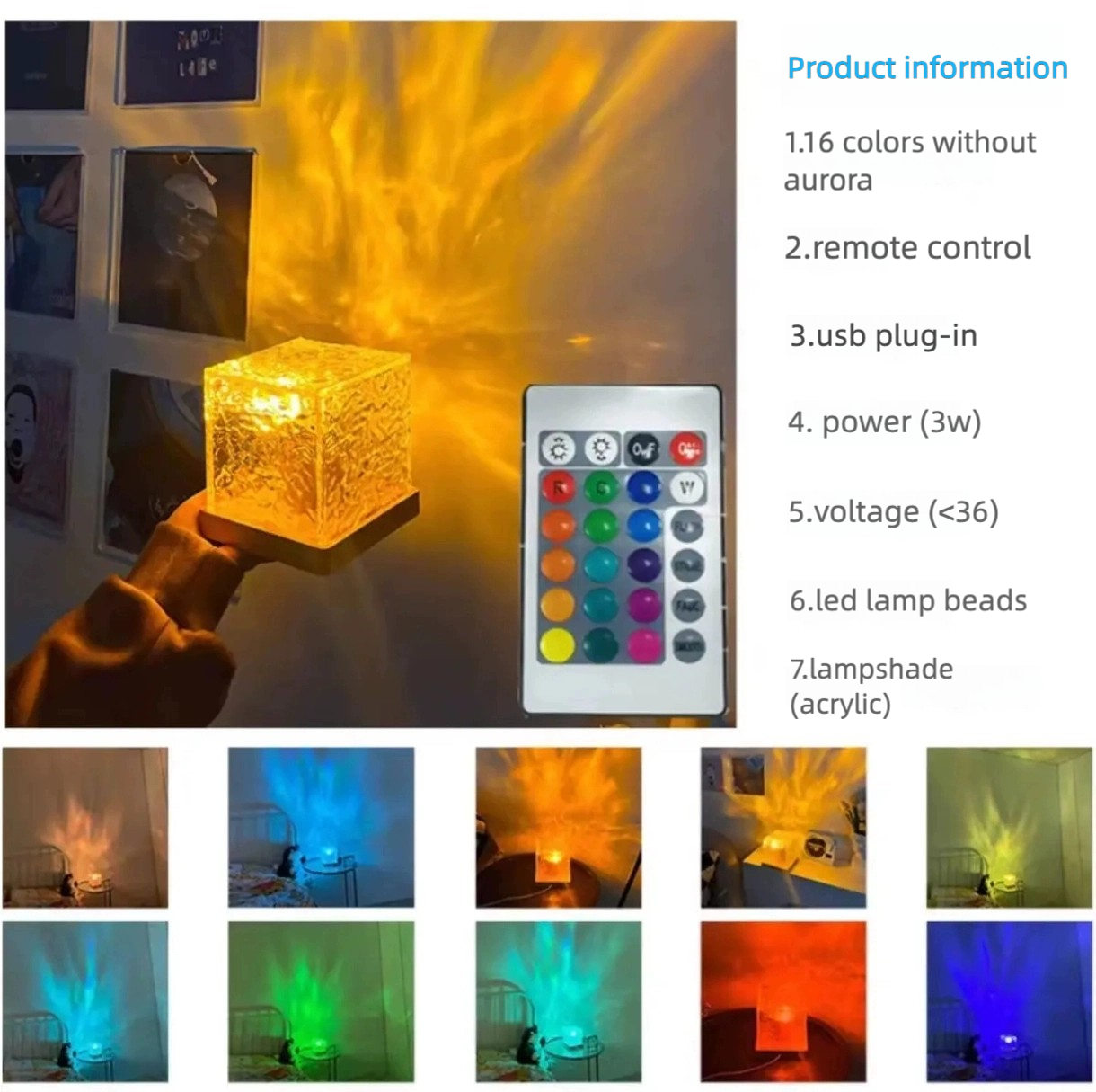Square Water Ripple Atmosphere Lamp, Bedside Night Light, Flame Aurora Dynamic Light Creative Girl Gift Bedhead Bedroom Flame Aurora Dynamic Desk Lamp